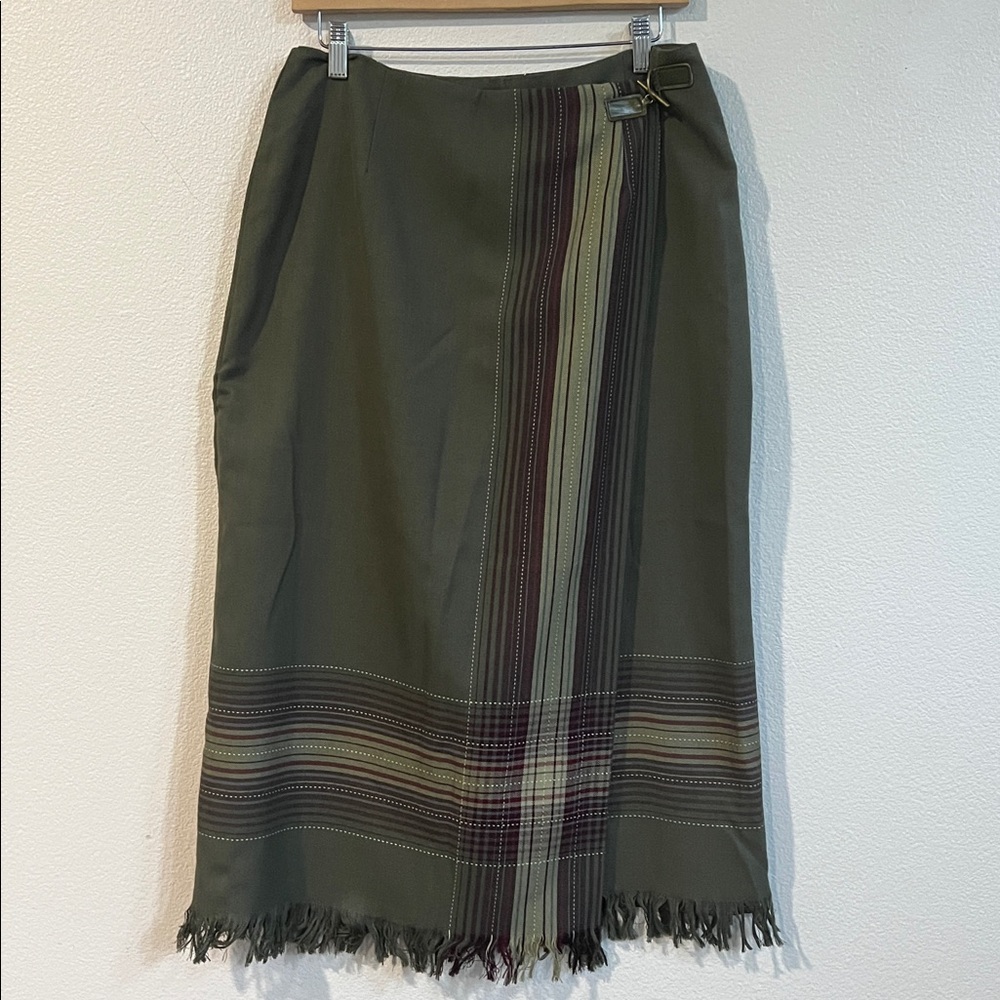SAG HARBOR Vintage Western Wrap Woven Blanket Fringed Midi Skirt Green 12 (EUC) - Picture 3 of 11